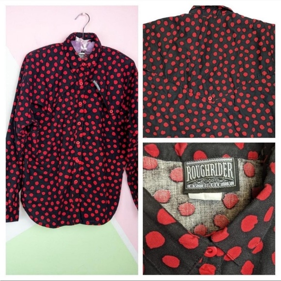 Vintage 90's Roughrider by Circle T Black & Red Polka Dot Western Rodeo Top - Picture 3 of 4